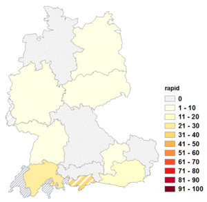 Relative Auftretenshäufigkeit von rapid innerhalb der einzelnen Areale im Verhältnis zu rapide (in %)