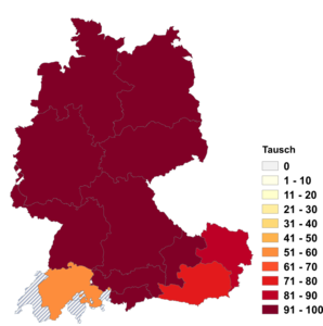 Relative Auftretenshäufigkeit von Tausch innerhalb der einzelnen Areale im Verhältnis zu Abtausch (in %)