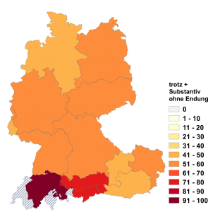 Relative Auftretenshäufigkeit von trotz + Substantiv mit Endung -(e)s innerhalb der einzelnen Areale im Verhältnis zu trotz + Substantiv ohne Endung -(e)s (in %)