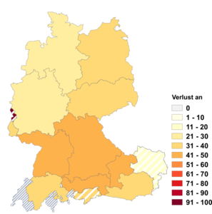 Relative Auftretenshäufigkeit von Verlust an innerhalb der einzelnen Areale im Verhältnis zu Verlust von (in %)
