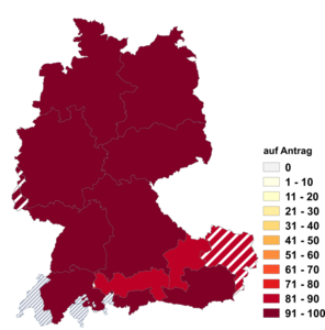 Relative Auftretenshäufigkeit von auf Antrag innerhalb der einzelnen Areale im Verhältnis zu über Antrag (in %)