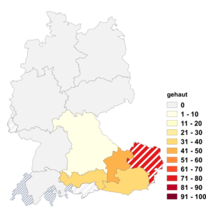 Relative Auftretenshäufigkeit von gehaut innerhalb der einzelnen Areale im Verhältnis zu gehauen (in %)