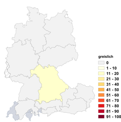 Relative Auftretenshäufigkeit von greislich innerhalb der einzelnen Areale im Verhältnis zu grausig und grauslich (in %)