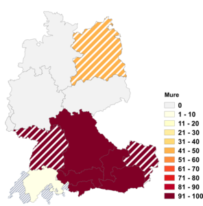 Relative Auftretenshäufigkeit von Mure innerhalb der einzelnen Areale im Verhältnis zu Murgang (in %)