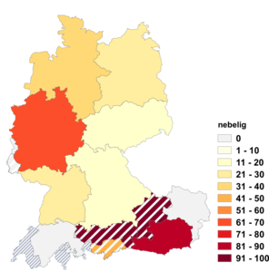 Relative Auftretenshäufigkeit von nebelig innerhalb der einzelnen Areale im Verhältnis zu neblig (in %)