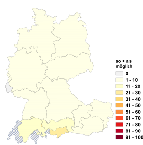 Relative Auftretenshäufigkeit von so + als möglich innerhalb der einzelnen Areale im Verhältnis zu so + wie möglich (in %)