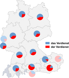 Relative Auftretenshäufigkeit von das Verdienst / der Verdienst innerhalb der einzelnen Areale