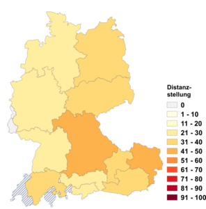Relative Auftretenshäufigkeit von Distanzstellung innerhalb der einzelnen Areale im Verhältnis zu Kontaktstellung (in %)