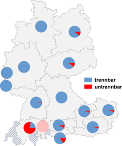 Relative Auftretenshäufigkeit der trennbaren / untrennbaren Verwendungsweise innerhalb der einzelnen Areale