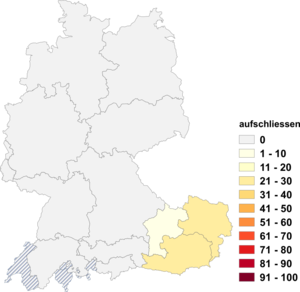 Relative Auftretenshäufigkeit von aufschliessen innerhalb der einzelnen Areale im Verhältnis zu erschliessen (in %)