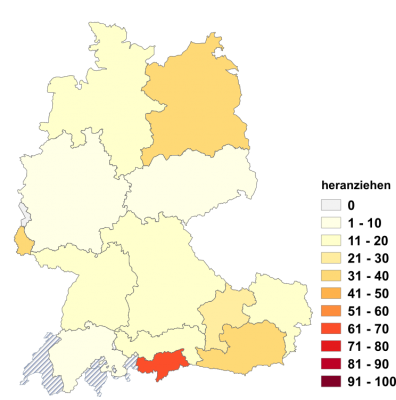 Relative Auftretenshäufigkeit von heranziehen innerhalb der einzelnen Areale im Verhältnis zu beiziehen und hinzuziehen (in %)
