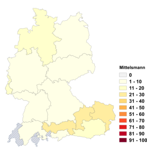 Relative Auftretenshäufigkeit von Mittelsmann innerhalb der einzelnen Areale im Verhältnis zu Mittler, Vermittler (in %)
