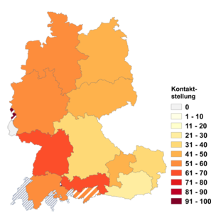 Relative Auftretenshäufigkeit von Kontaktstellung innerhalb der einzelnen Areale im Verhältnis zu Distanzstellung (in %)