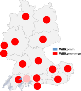 Relative Auftretenshäufigkeit von Willkomm / Willkommen innerhalb der einzelnen Areale