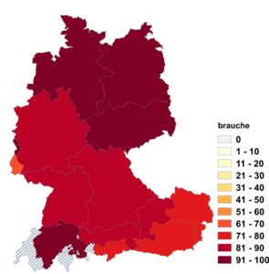 Relative Auftretenshäufigkeit von brauche innerhalb der einzelnen Areale im Verhältnis zu brauch(') (in %)