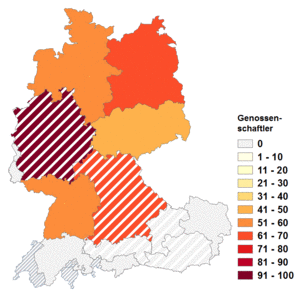 Relative Auftretenshäufigkeit von Genossenschaftler innerhalb der einzelnen Areale im Verhältnis zu Genossenschafter (in %)