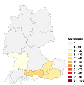 Relative Auftretenshäufigkeit von Grundbuchs- innerhalb der einzelnen Areale im Verhältnis zu Grundbuch- (in %)