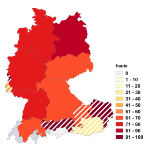 Relative Auftretenshäufigkeit von haute innerhalb der einzelnen Areale im Verhältnis zu hieb (in %)