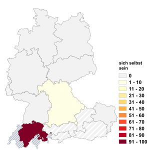 Relative Auftretenshäufigkeit von sich selbst sein innerhalb der einzelnen Areale im Verhältnis zu er selbst sein (in %)