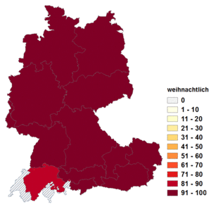 Relative Auftretenshäufigkeit von weihnachtlich innerhalb der einzelnen Areale im Verhältnis zu weihnächtlich (in %)
