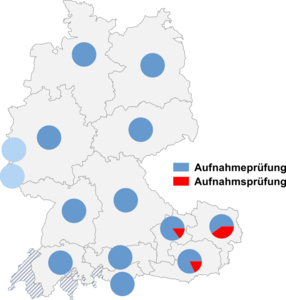 Relative Auftretenshäufigkeit von Aufnahmeprüfung / Aufnahmsprüfung innerhalb der einzelnen Areale