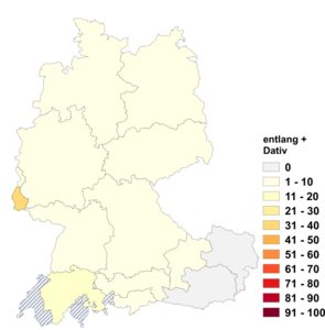Relative Auftretenshäufigkeit von entlang + Dativ innerhalb der einzelnen Areale im Verhältnis zu entlang + Genitiv (in %)