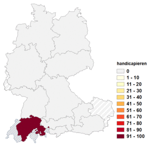 Relative Auftretenshäufigkeit von handicapieren innerhalb der einzelnen Areale im Verhältnis zu handicapen (in %)