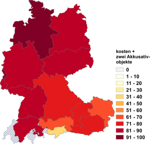 Relative Auftretenshäufigkeit von kosten mit zwei Akkusativobjekten innerhalb der einzelnen Areale im Verhältnis zu kosten mit Dativobjekt + Akkusativobjekt (in %)
