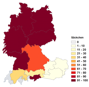 Relative Auftretenshäufigkeit von Säckchen innerhalb der einzelnen Areale im Verhältnis zu Sackerl, Säcklein und Säckli (in %)