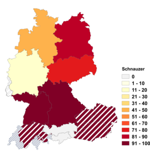 Relative Auftretenshäufigkeit von Schnauzer innerhalb der einzelnen Areale im Verhältnis zu Schnäuzer (in %)