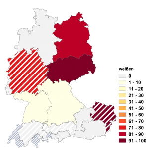Relative Auftretenshäufigkeit von weißen innerhalb der einzelnen Areale im Verhältnis zu weißeln (in %)