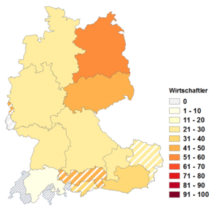 Relative Auftretenshäufigkeit von Wirtschaftler innerhalb der einzelnen Areale im Verhältnis zu Wirtschafter (in %)