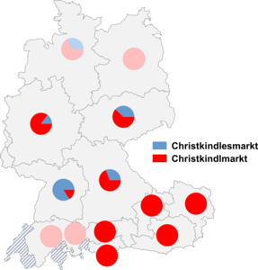 Relative Auftretenshäufigkeit von Christkindlesmarkt / Christkindlmarkt innerhalb der einzelnen Areale