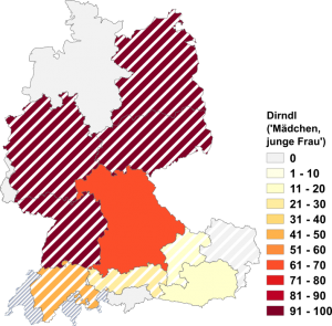 Relative Auftretenshäufigkeit von Dirndl innerhalb der einzelnen Areale im Verhältnis zu Dirndln ('Mädchen, junge Frau', in %)