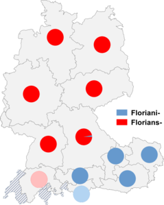 Relative Auftretenshäufigkeit von Floriani- / Florians- innerhalb der einzelnen Areale