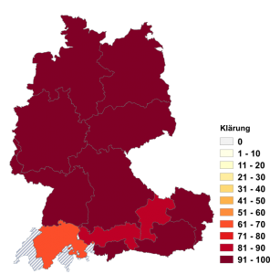 Relative Auftretenshäufigkeit von Klärung innerhalb der einzelnen Areale im Verhältnis zu Abklärung (in %)
