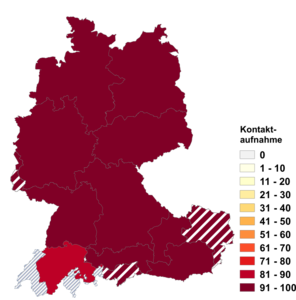 Relative Auftretenshäufigkeit von Kontaktaufnahme innerhalb der einzelnen Areale im Verhältnis zu Kontaktnahme (in %)