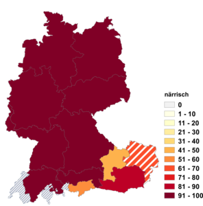 Relative Auftretenshäufigkeit von närrisch innerhalb der einzelnen Areale im Verhältnis zu narrisch (in %)