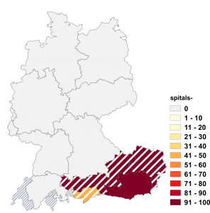 Relative Auftretenshäufigkeit von spitals- innerhalb der einzelnen Areale im Verhältnis zu spital- (in %)