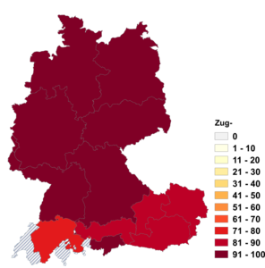 Relative Auftretenshäufigkeit von Zug- innerhalb der einzelnen Areale im Verhältnis zu Zugs- (in %)