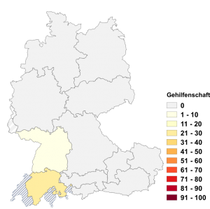 Relative Auftretenshäufigkeit von Gehilfenschaft innerhalb der einzelnen Areale im Verhältnis zu Beihilfe (in %)
