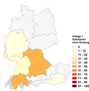 Relative Auftretenshäufigkeit von infolge + Substantiv ohne Endung -(e)s innerhalb der einzelnen Areale im Verhältnis zu infolge + Substantiv mit Endung -(e)s (in %)