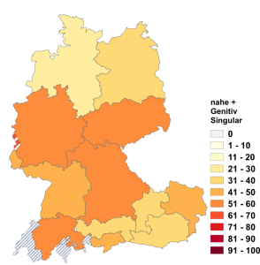Relative Auftretenshäufigkeit von nahe + Genitiv Singular innerhalb der einzelnen Areale im Verhältnis zu nahe + Dativ Singular (in %)