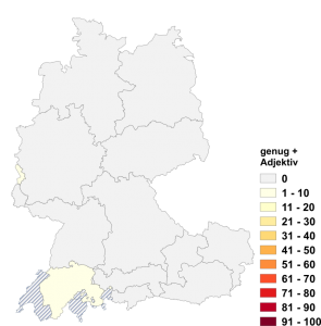 Relative Auftretenshäufigkeit von genug + Adjektiv innerhalb der einzelnen Areale im Verhältnis zu Adjektiv + genug (in %)