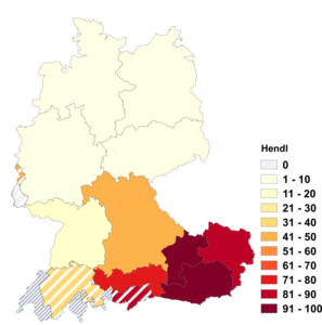 Relative Auftretenshäufigkeit von Hendl innerhalb der einzelnen Areale im Verhältnis zu Hähnchen (in %)