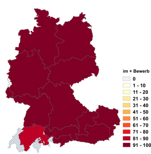 Relative Auftretenshäufigkeit von im + Bewerb innerhalb der einzelnen Areale im Verhältnis zu am + Bewerb (in %)