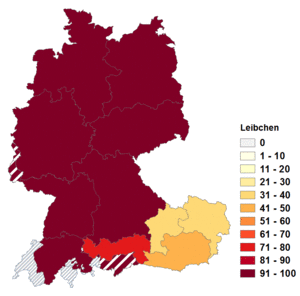 Relative Auftretenshäufigkeit von Leibchen innerhalb der einzelnen Areale im Verhältnis zu Leiberl (in %)