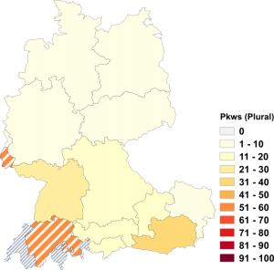 Relative Auftretenshäufigkeit von Pkws innerhalb der einzelnen Areale im Verhältnis zu Pkw (Plural, in %)