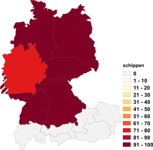 Relative Auftretenshäufigkeit von schippen innerhalb der einzelnen Areale im Verhältnis zu schüppen (in %)