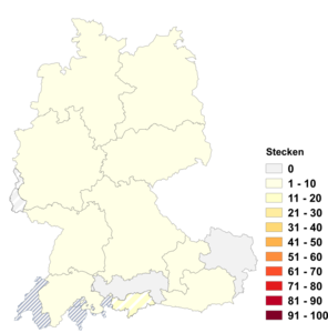 Relative Auftretenshäufigkeit von Stecken innerhalb der einzelnen Areale im Verhältnis zu Stock (in %)